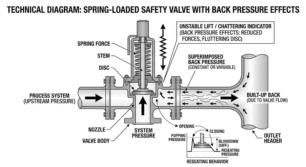 back pressure effect on spring loaded safety valve stability and discharge performance