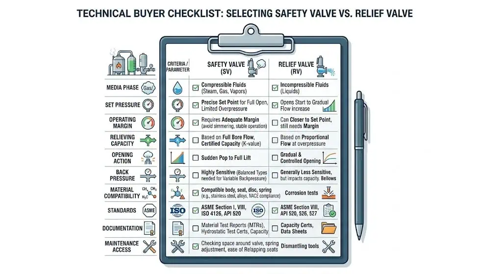 Buyer review checklist before selection covering media phase, set pressure, capacity, materials, piping effects, and documentation
