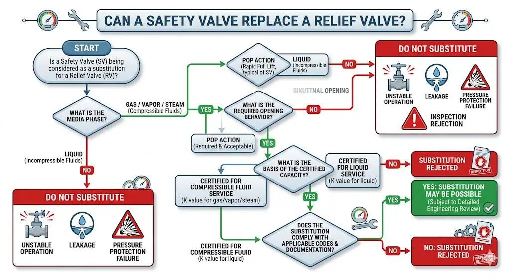 Decision flow showing whether a safety valve can replace a relief valve based on media phase, opening behavior, capacity, and code requirements