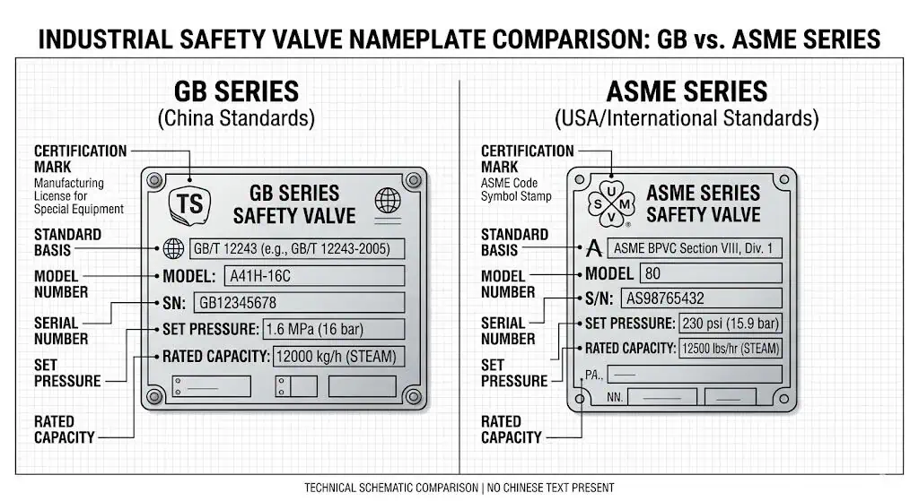 GB and ASME safety valve nameplate and certification marking comparison