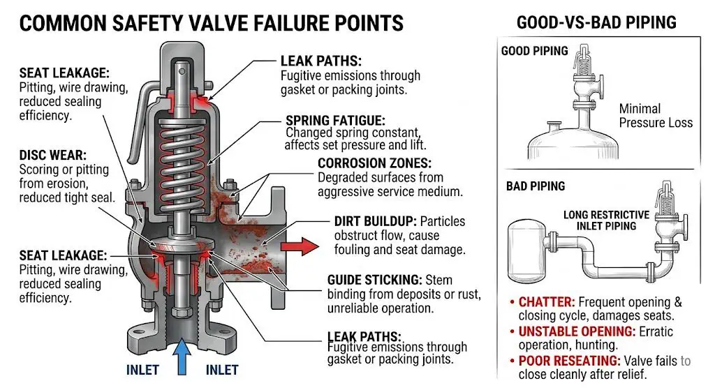 common safety valve failure points including seat leakage chatter corrosion dirt and poor inlet piping layout