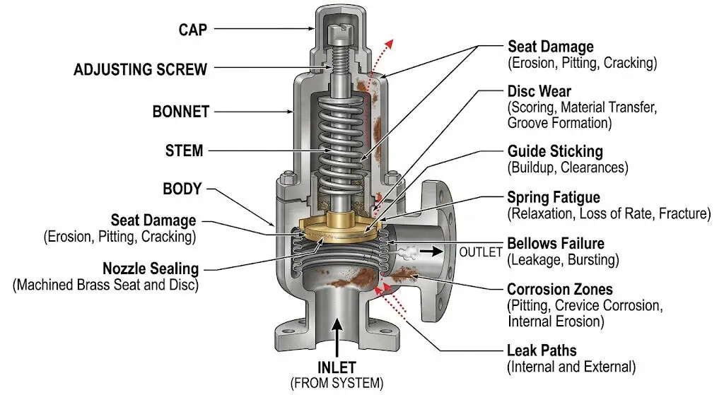 Common safety valve failure points including seat damage disc wear guide sticking spring fatigue corrosion zones bellows failure and leak paths