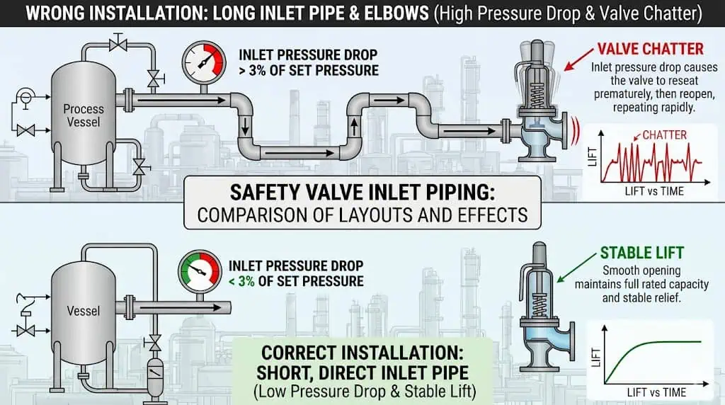 Safety valve installation mistake with long inlet piping causing chatter