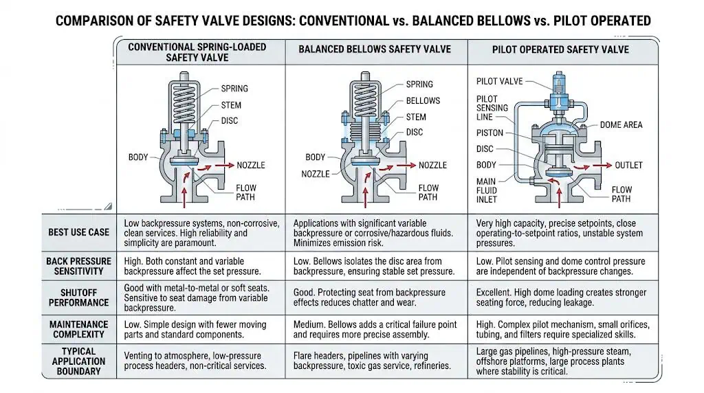 Comparison of conventional spring loaded balanced bellows and pilot operated safety valve selection boundaries
