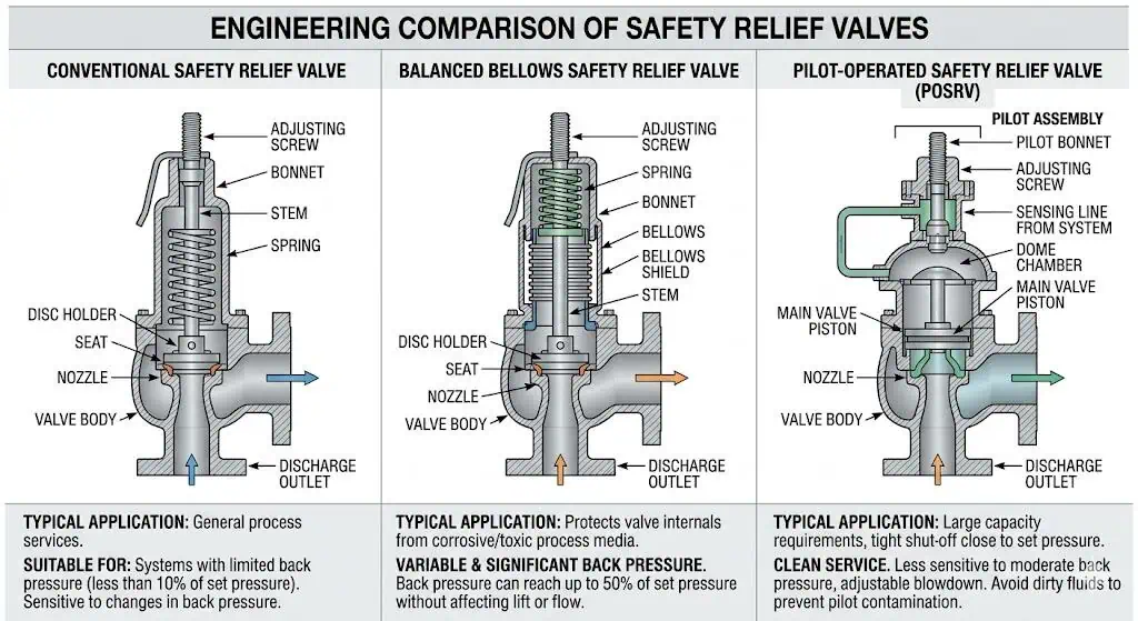 conventional balanced bellows and pilot operated safety valve comparison for back pressure selection