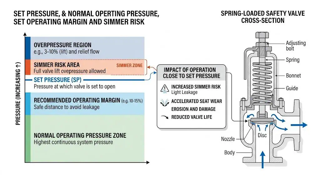 Diagram of set pressure operating margin and simmer risk in a spring loaded safety valve