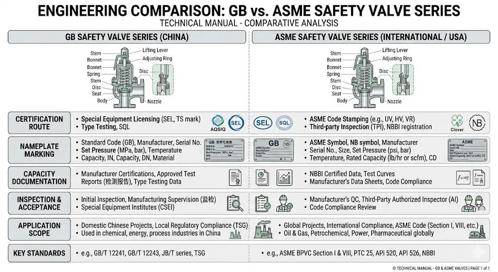 GB vs ASME safety valve series comparison chart for certification marking and project approval