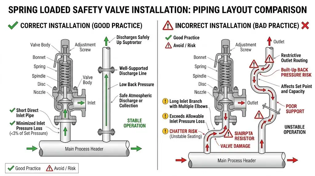 Good versus bad inlet and outlet piping layout for spring loaded safety valve showing pressure loss and back pressure risk