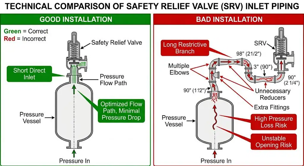 Comparison of good and bad safety relief valve inlet piping with short direct inlet versus long restrictive branch line