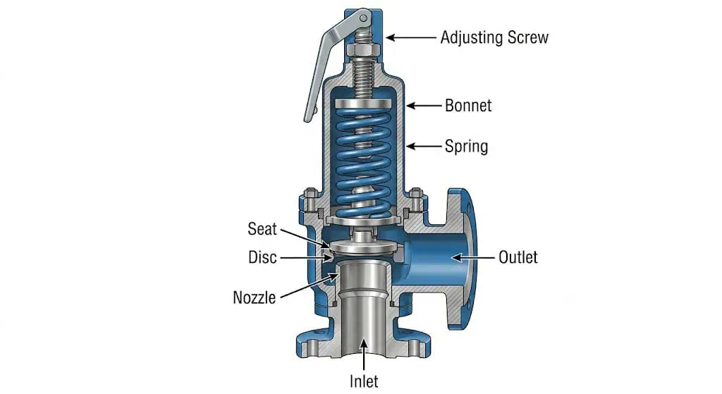 Spring loaded safety valve internal parts including nozzle disc seat and spring