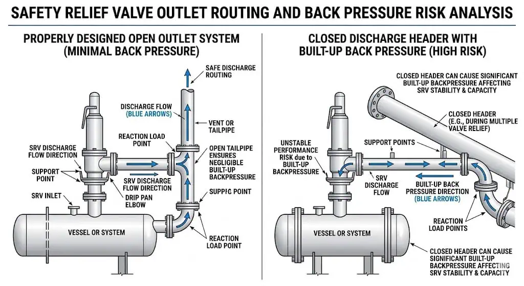 Safety relief valve outlet routing diagram showing back pressure risk in closed discharge and flare header systems