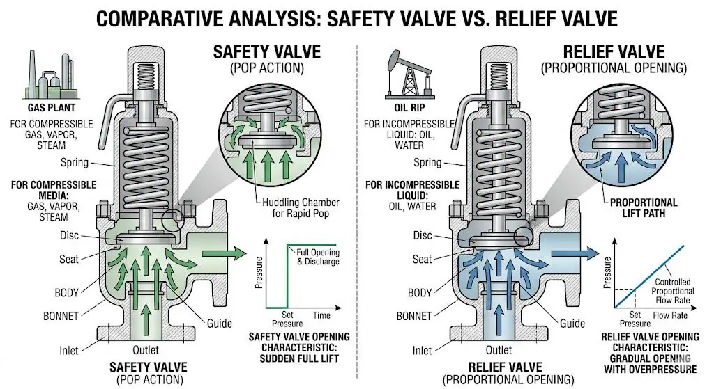 Pop action versus proportional opening diagram comparing safety valve rapid opening with relief valve gradual opening