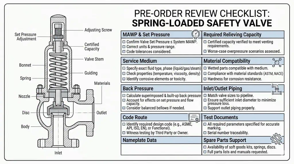 Pre order buyer checklist for spring loaded safety valve covering code route capacity material and documentation