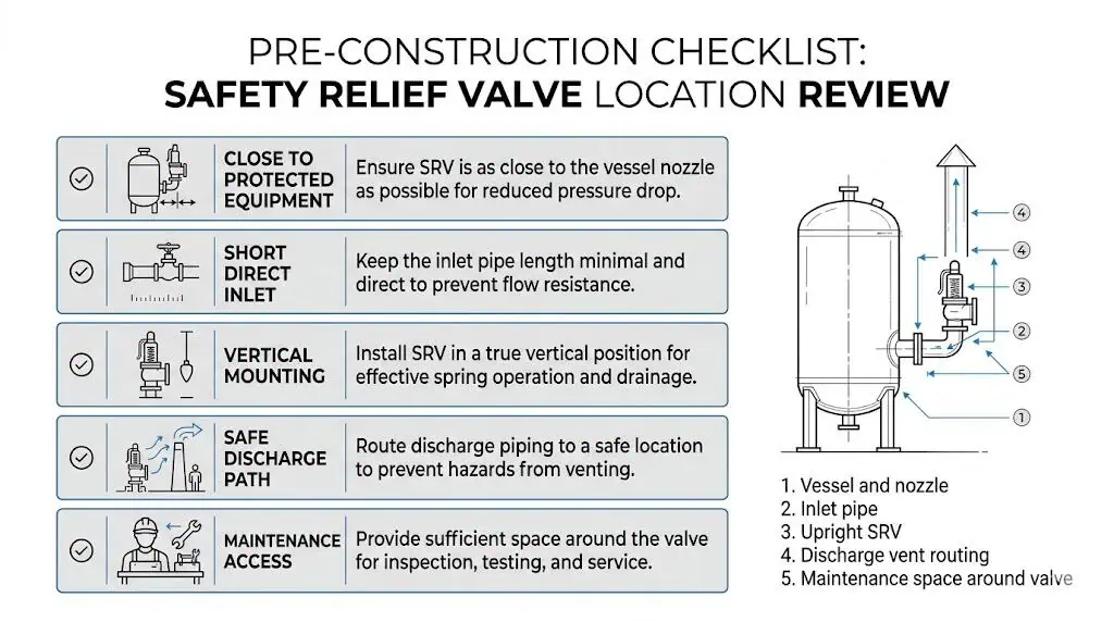 Safety relief valve location review checklist covering inlet path orientation discharge access and maintenance clearance