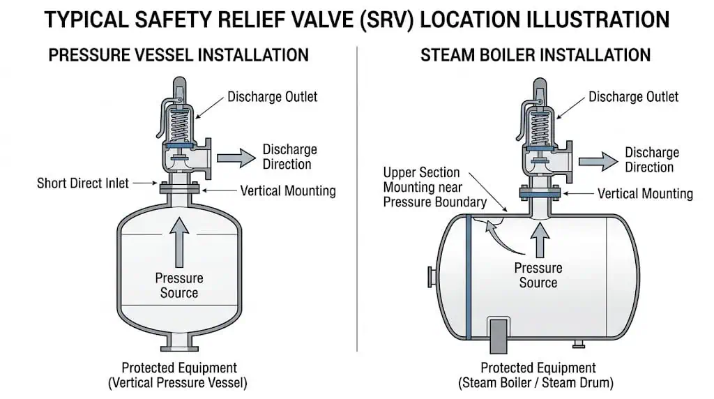 Typical safety relief valve locations on pressure vessels and boilers with short direct inlet connections