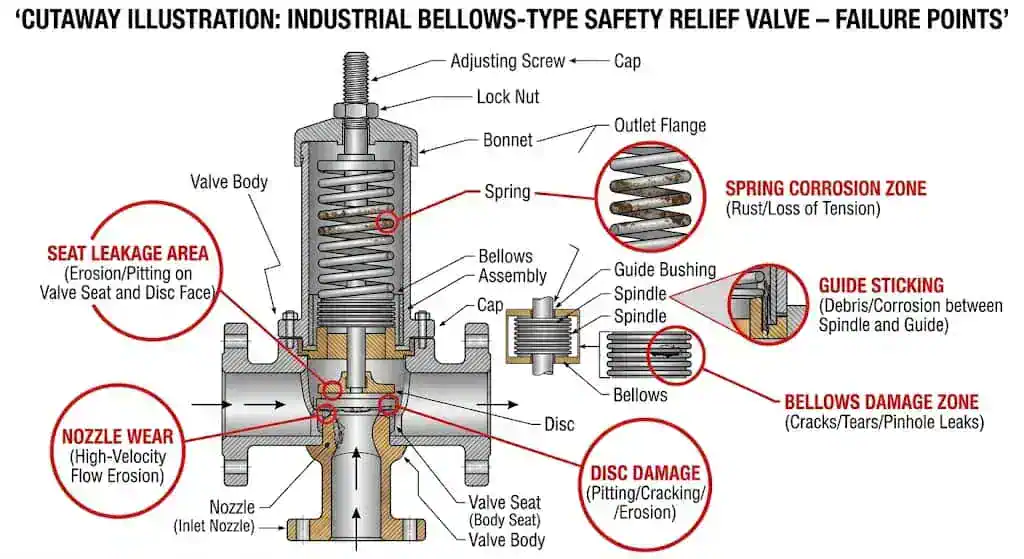 common safety valve failure points including seat nozzle disc guide spring and bellows