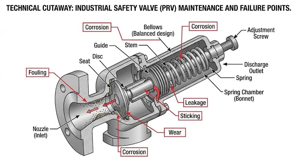 common safety valve failure points and inspection focus areas including nozzle disc seat and guide
