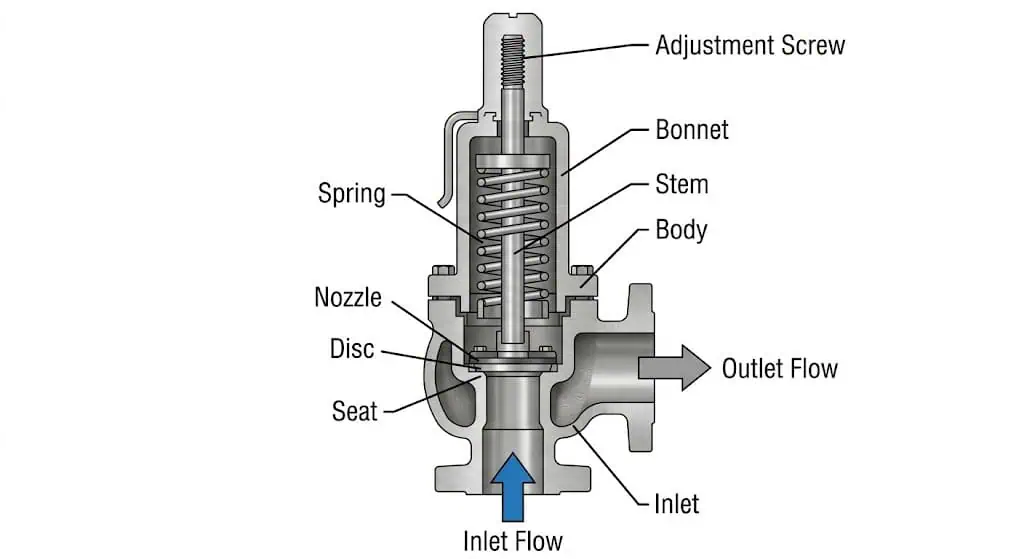 cross section of a safety valve showing body nozzle spring stem disc and seat