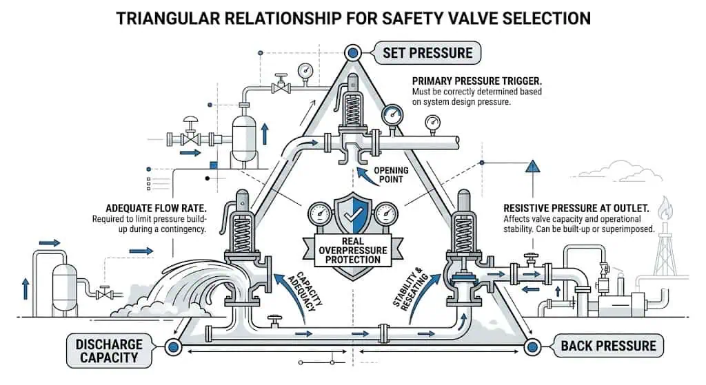 safety valve selection diagram showing discharge capacity set pressure and back pressure relationship