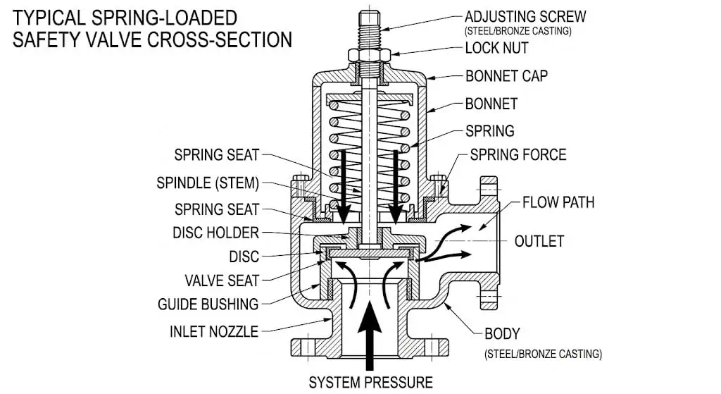 industrial safety valve structure cross section with nozzle disc spring bonnet and outlet