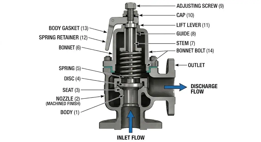Safety valve structure overview showing body nozzle seat disc spring stem bonnet guide and discharge flow path
