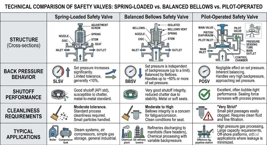 Technical comparison of spring-loaded balanced bellows and pilot-operated safety valve types showing structure back pressure behavior shutoff performance and typical applications