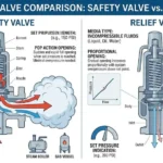 Safety valve vs relief valve overview comparison showing rapid opening for gas and steam service versus gradual opening for liquid service
