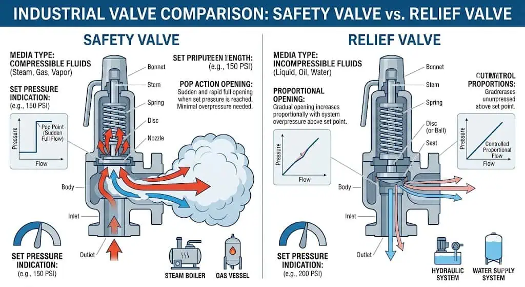Safety valve vs relief valve overview comparison showing rapid opening for gas and steam service versus gradual opening for liquid service
