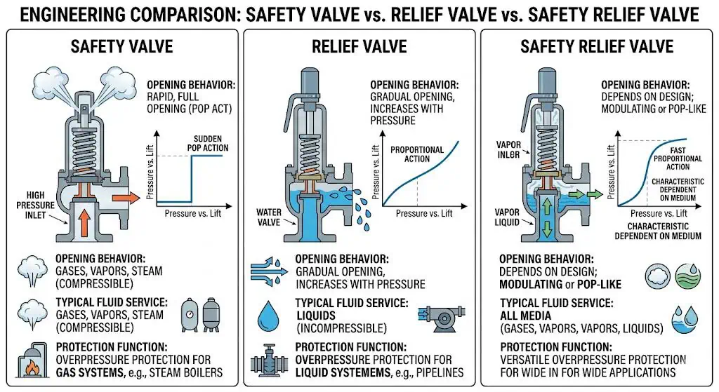 Engineering comparison of safety valve relief valve and safety relief valve showing opening behavior service medium and protection function