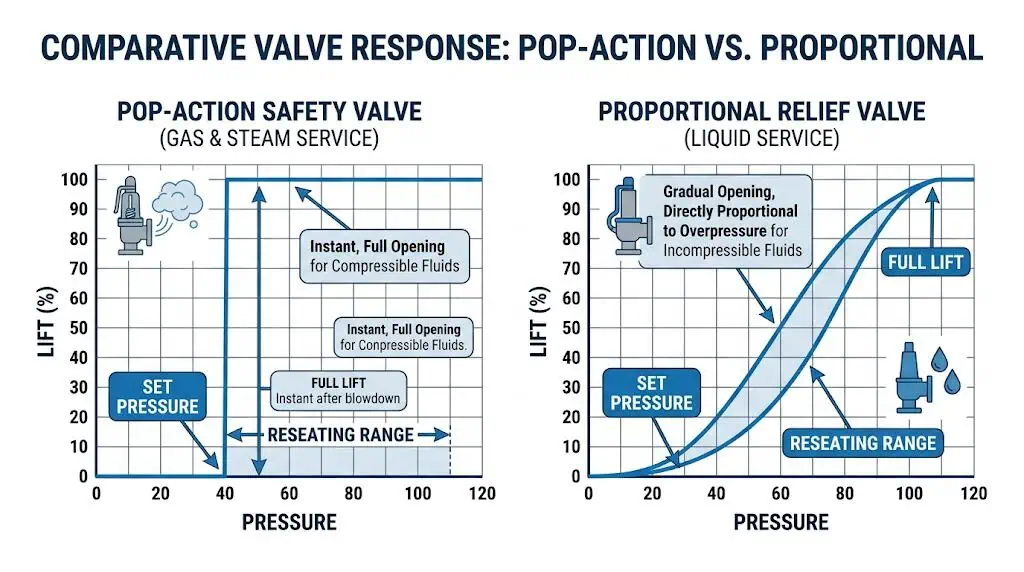 Safety valve vs relief valve opening behavior for gas steam and liquid service