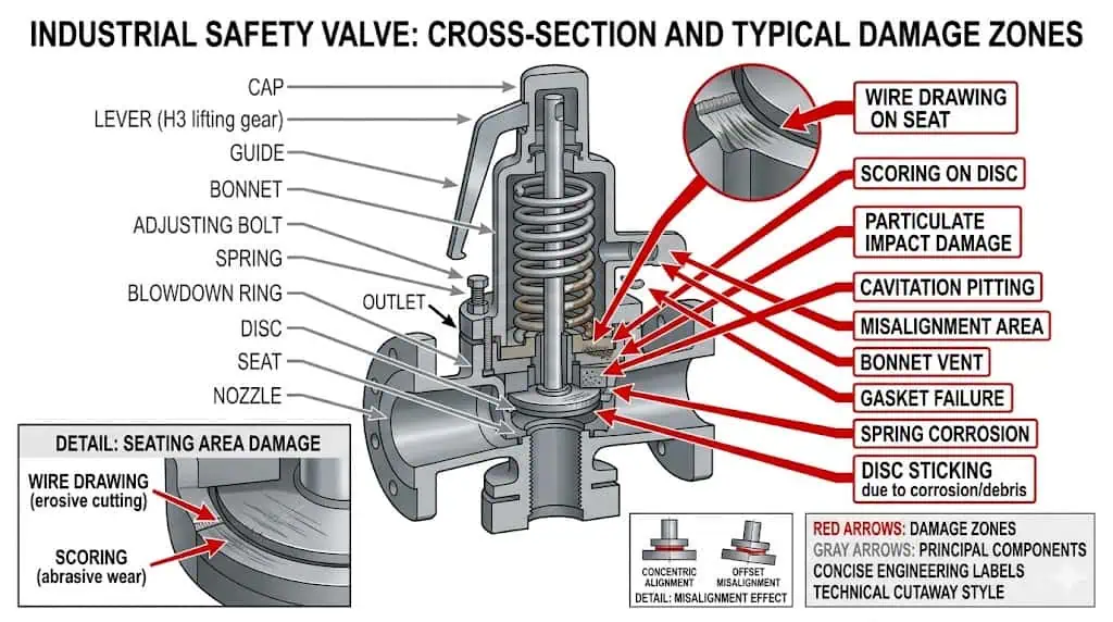 Seat damage and inspection focus after a safety valve lift event showing disc seat and sealing surface damage points