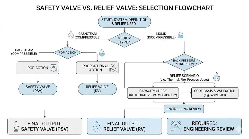 Safety valve selection flowchart by medium relief scenario and code basis