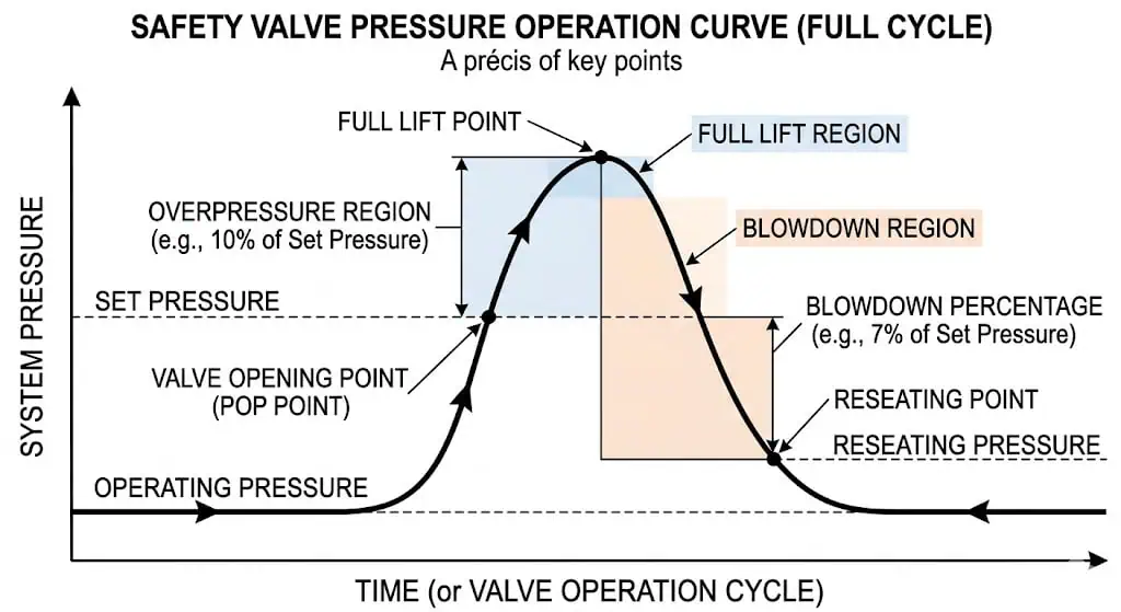 pressure operation curve of a safety valve showing set pressure overpressure blowdown and reseating