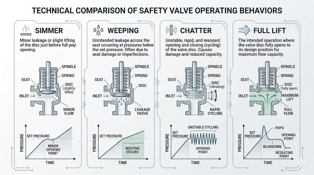 Comparison of simmer weeping chatter and full lift in safety valve operation