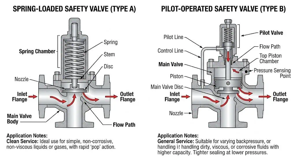 spring loaded safety valve vs pilot operated safety valve comparison diagram