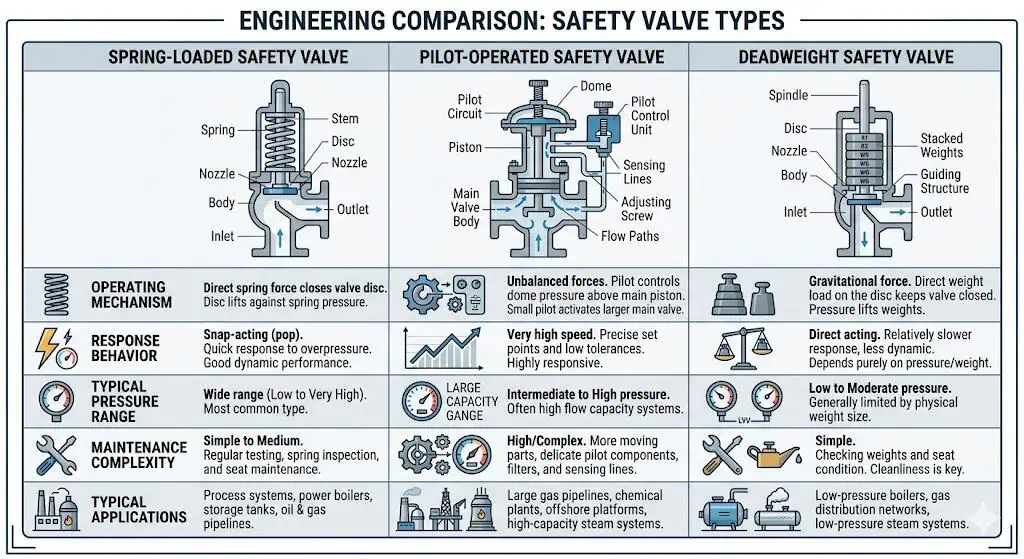 comparison of spring loaded pilot operated and deadweight safety valve designs and applications