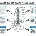 Spring loaded safety valve selection logic showing set pressure capacity medium temperature back pressure and piping layout