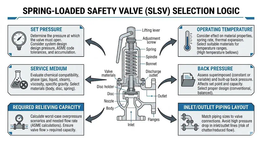 Spring loaded safety valve selection logic showing set pressure capacity medium temperature back pressure and piping layout