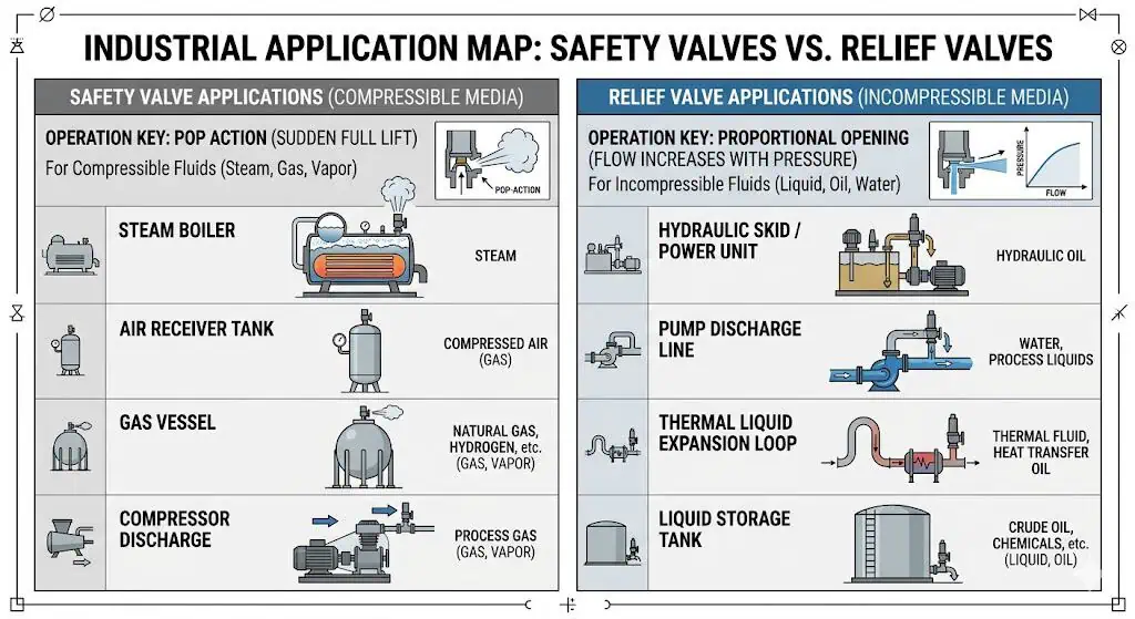 Typical applications by media and system type showing safety valve use in steam and gas systems and relief valve use in liquid systems