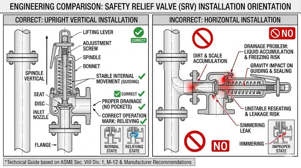 Vertical versus horizontal safety relief valve installation showing why upright mounting is standard practice