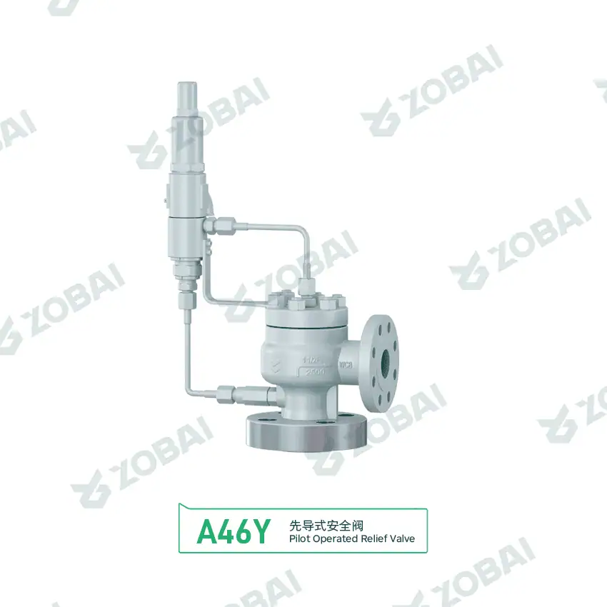 A46Y pilot-operated relief valve with external pilot tubing and flanged body