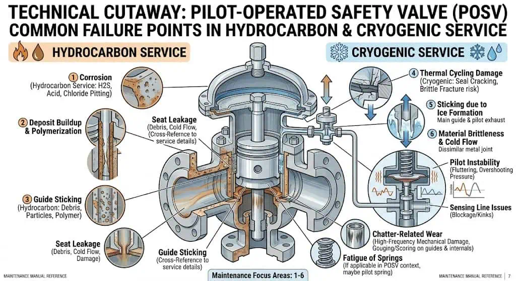 Common safety valve failure modes in hydrocarbon and cryogenic service, including seat leakage, chatter damage, corrosion, guide sticking, thermal cycling, and inspection focus points