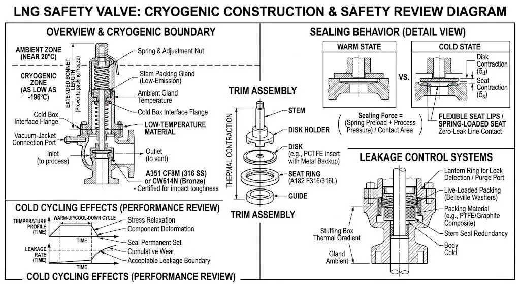 Cryogenic safety valve design review for LNG service, showing low-temperature materials, thermal contraction, sealing performance, and pressure relief considerations