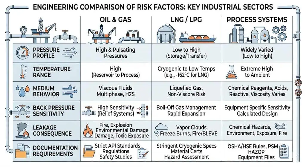 Comparison of safety valve risk profiles in oil and gas, LNG/LPG, and process systems, showing differences in pressure, temperature, media behavior, leakage consequences, and service conditions