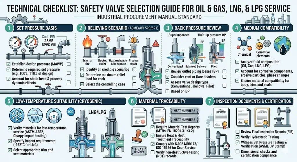 Engineering checklist for selecting safety valves in oil and gas, LNG/LPG, and process systems, including set pressure, relieving capacity, back pressure, material compatibility, and documentation