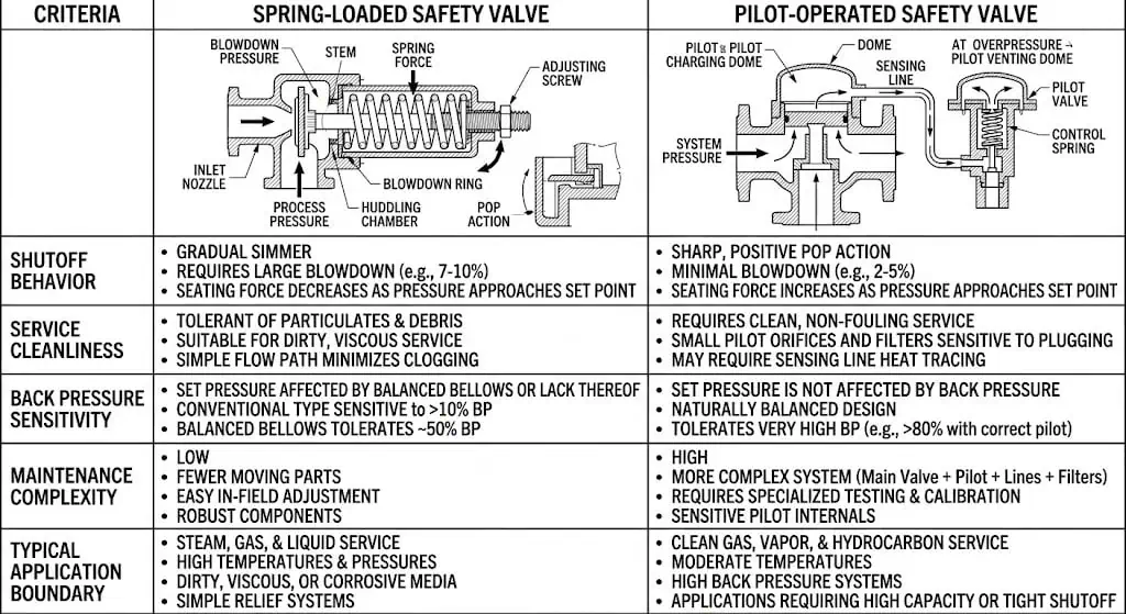 Comparison of spring-loaded and pilot-operated safety valves for oil and gas and LNG/LPG service, showing differences in shutoff, back pressure sensitivity, service cleanliness, capacity, and application limits