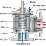 Bellows balanced safety valve cutaway showing bellows, spring, disc, nozzle and bonnet vent