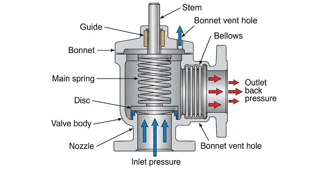 Corte transversal de válvula de seguridad equilibrada por fuelle mostrando fuelle, resorte, disco, tobera, ventilación del bonete, entrada y salida