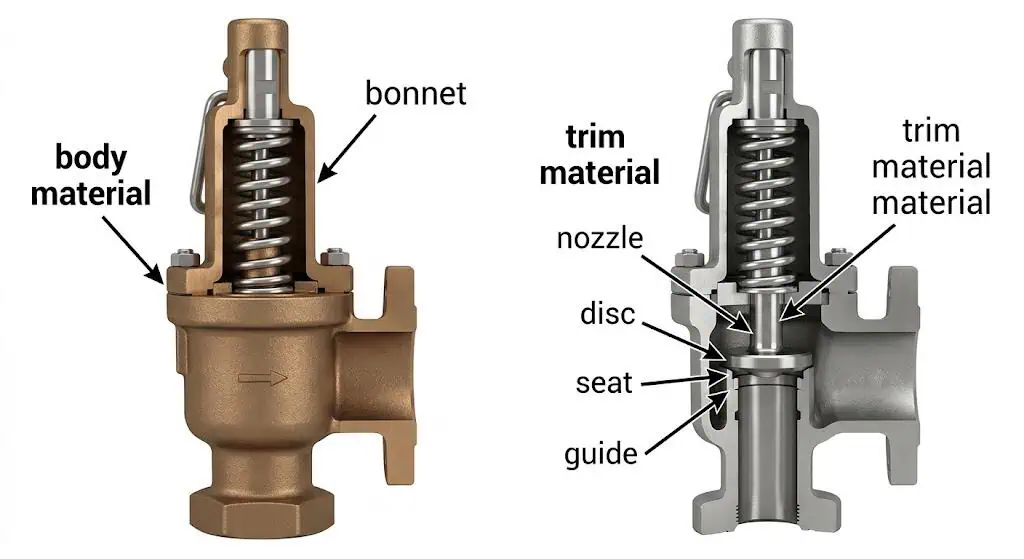 Differenza tra materiale del corpo valvola di sicurezza e materiale del trim, inclusi ugello, disco, sede, guida e stelo