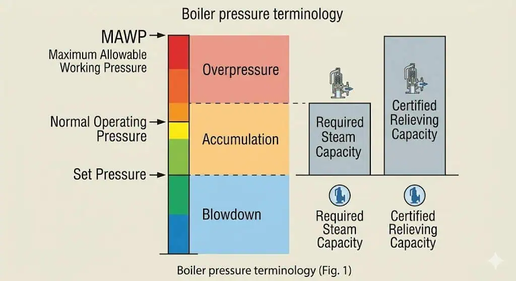 Terminologie de pression et diagramme de capacité pour soupape de sûreté de chaudière montrant la MAWP, la pression de fonctionnement normale, la pression de tarage, l'accumulation en surpression, le blowdown, la capacité de vapeur requise et la capacité de décharge certifiée
